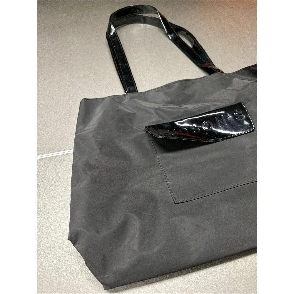 Hudson's Black Nylon Tote Bag Patent Trim Logo Shoulder Bag Large